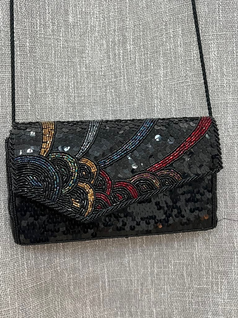 Black Sequin Beaded Evening Clutch with Multicolor Wave Accent